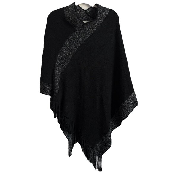 Steve Madden Black Sparkly Knit Poncho Fringe Pullover Cape One Size Fits Most - Picture 1 of 8